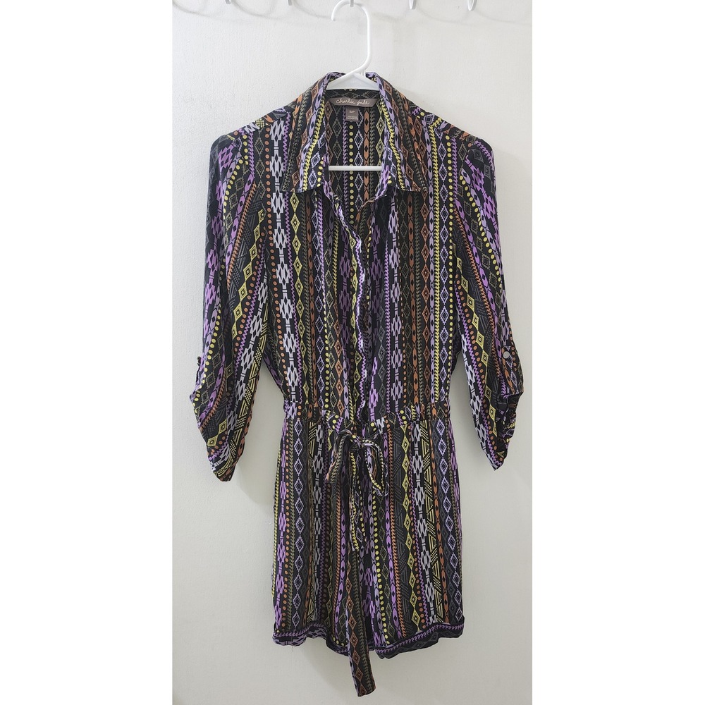 Charlie Jade Tribal Print Romper Purple Yellow Geometric Roll Tab Sleeve Small